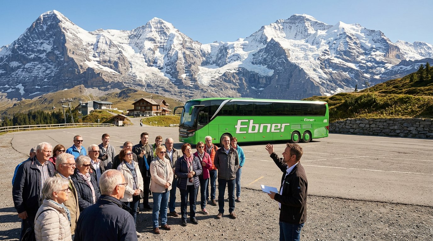 Ebner-Reisebus vor einem Bergpanorama in den Schweizer Alpen mit Reisegruppe